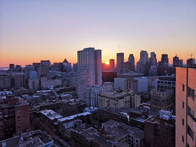 A panorama of downtown Montréal, QC. at dusk.
