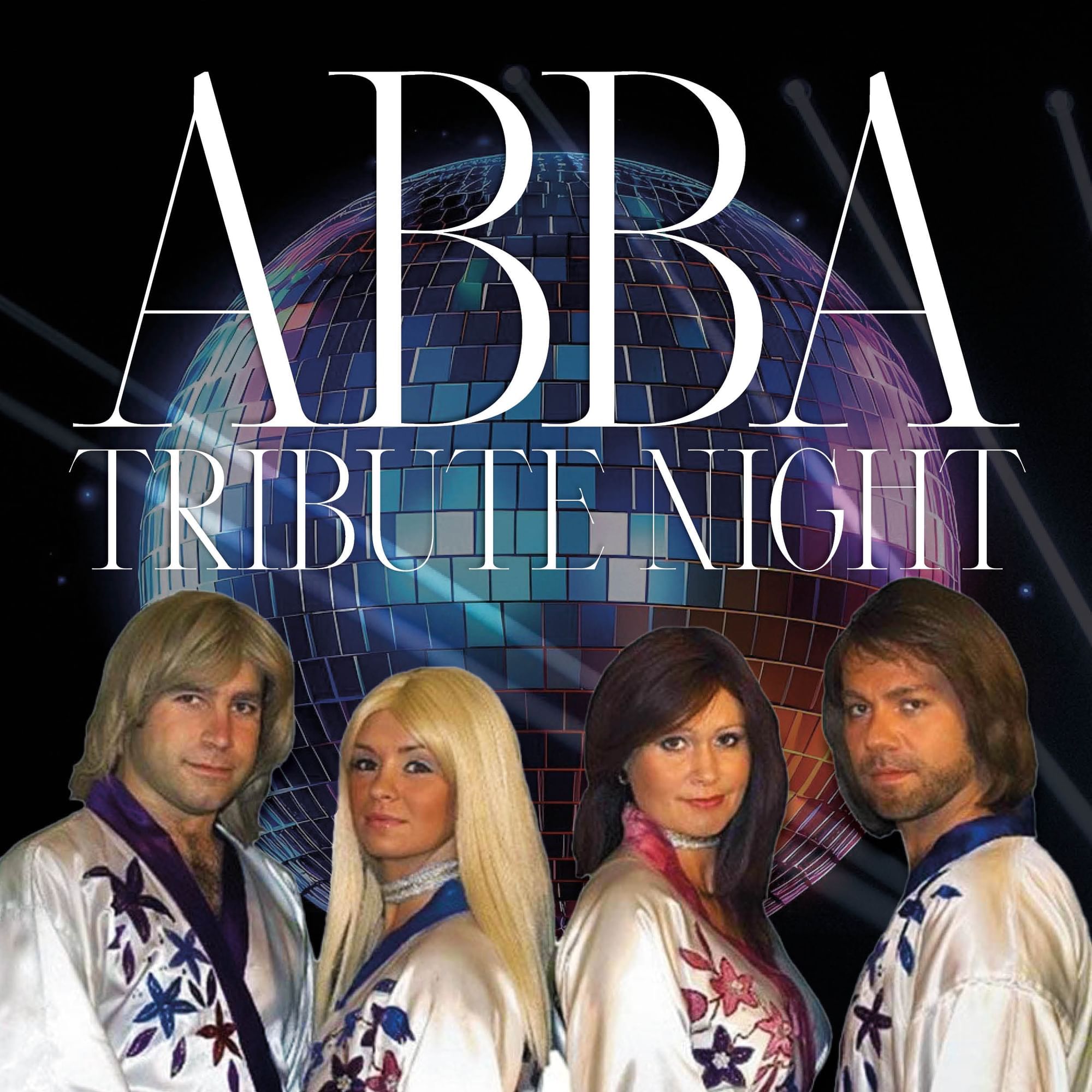 Poster for an ABBA tribute night, featuring four costumed performers in front of a disco ball at The Milner York