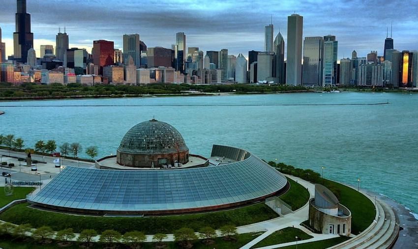 Aerial view of Adler Planetarium near The Godfrey Chicago