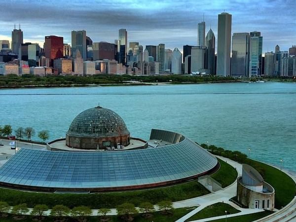 Aerial view of Adler Planetarium near The Godfrey Chicago