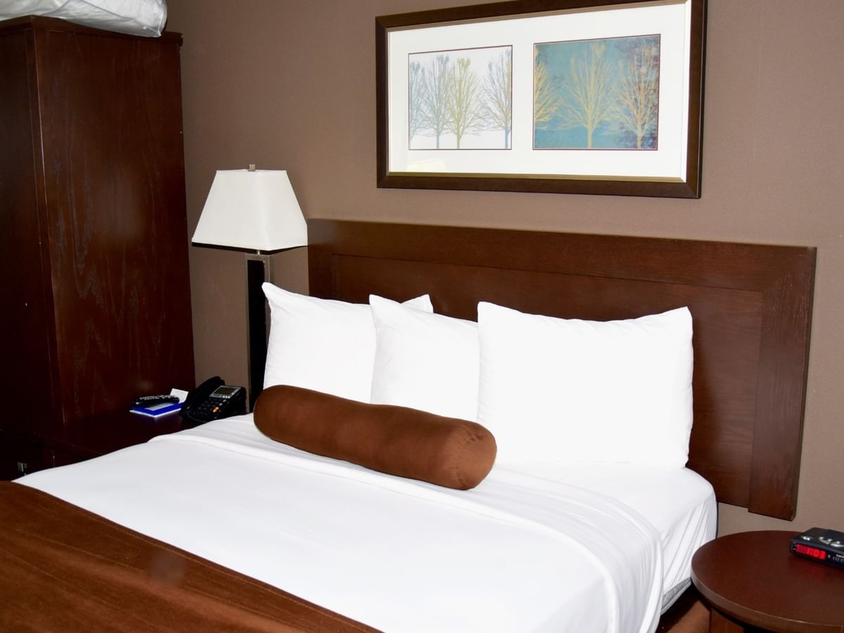 A hotel room with a bed, nightstand, lamp, and framed artwork.