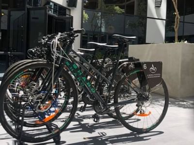 Hotel rental bicycles lined outdoors at Amora Hotel Melbourne