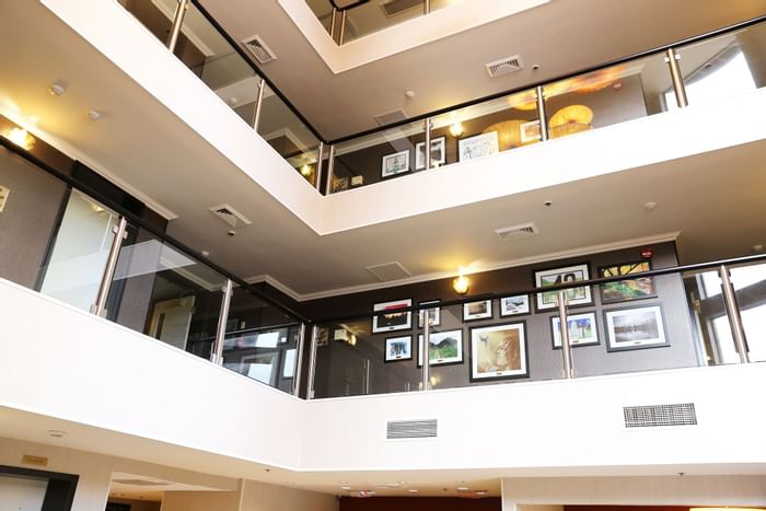 Low-angle view of balconies with paintings at Hotel 43