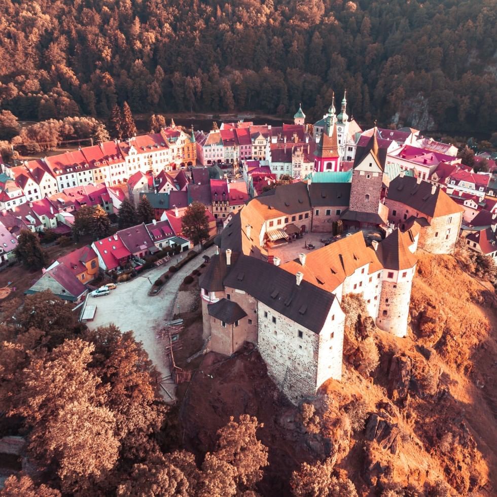 Arial view of the fabulous Loket Castle, Falkensteiner Hotels