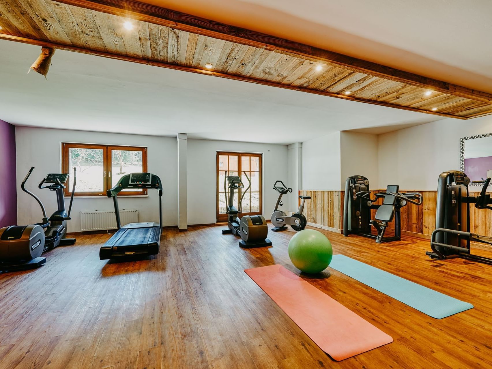 Fitness Raum mit Laufband, Stepper, Rad, Gymnastik Ball und Matten.