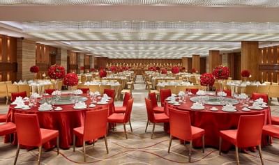 A banquet table setup in Hongtu Hall at White Swan hotel