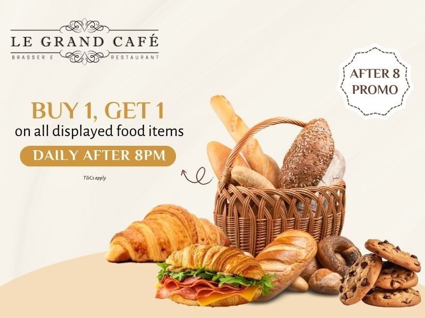 Le Grand Cafe promotional image showing assorted baked goods and a 