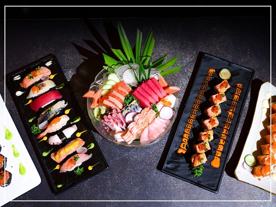 Top view of sushi and sashimi food at Chatrium Hotels & Residences