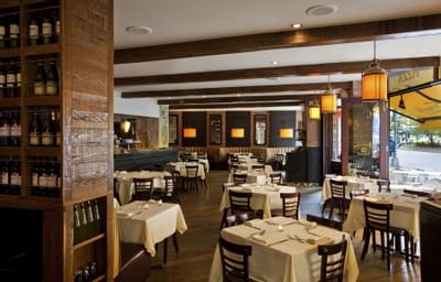 tables and chairs in a restaurant