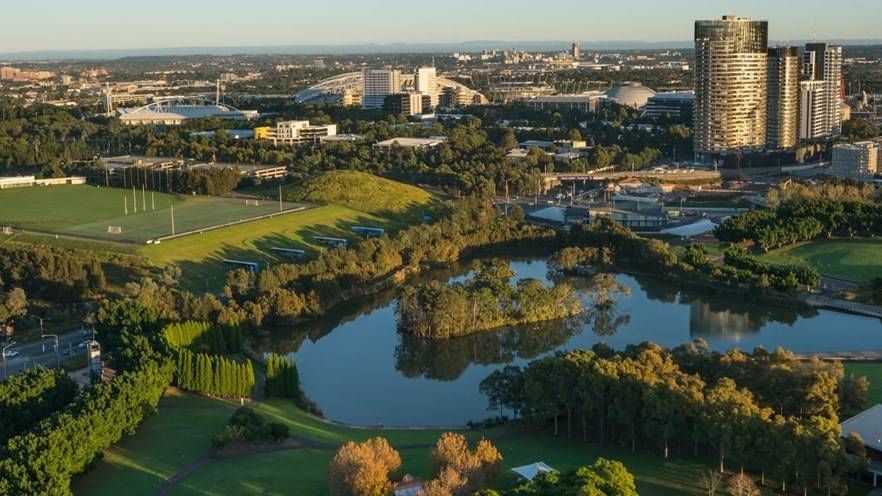 Aerial of Sydney Olympic Park at sunset near Pullman Sydney Olympic park