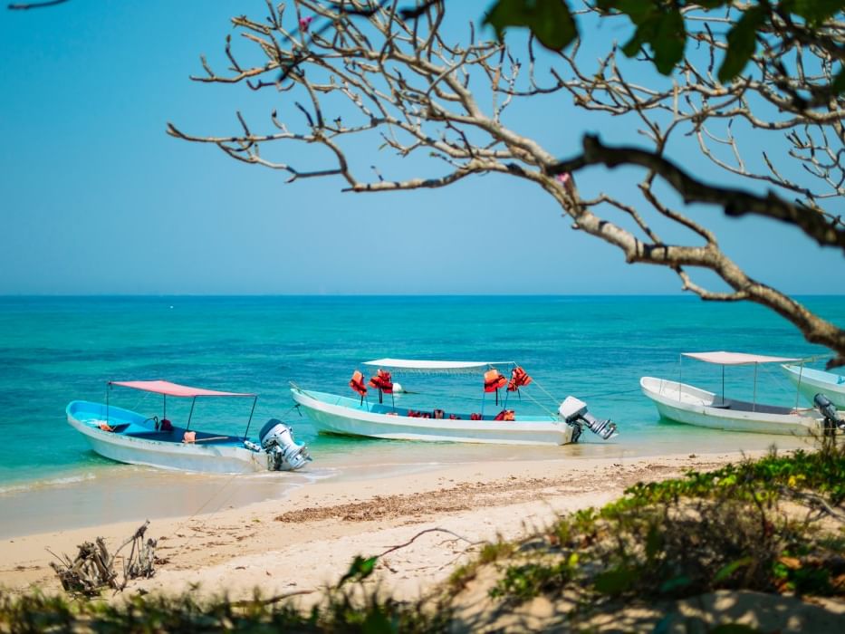 Pequeñas embarcaciones ancladas en una orilla arenosa cerca de Quinta Real, con aguas turquesas claras del océano al fondo