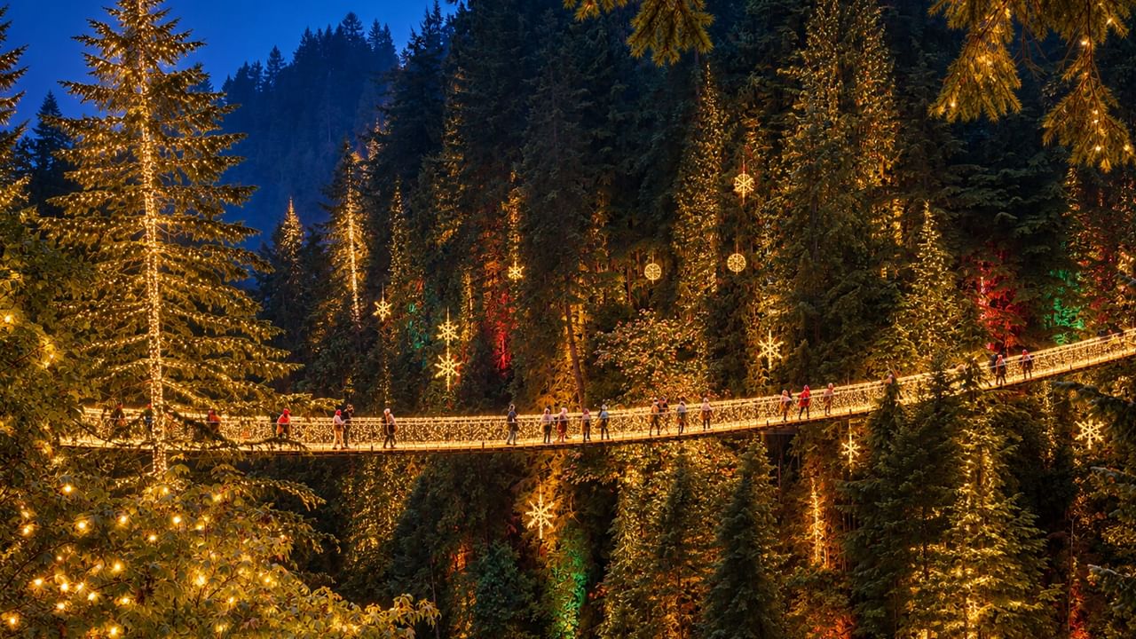 Illuminated suspension bridge spanning a forest canyon with colorful lights adorning tall evergreen trees at dusk.
