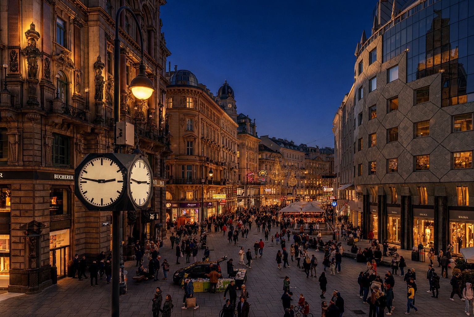 Wiener Innenstadt bei Nacht mit beleuchteten historischen Fassaden, modernen Geschäftshäusern und belebter Fußgängerzone