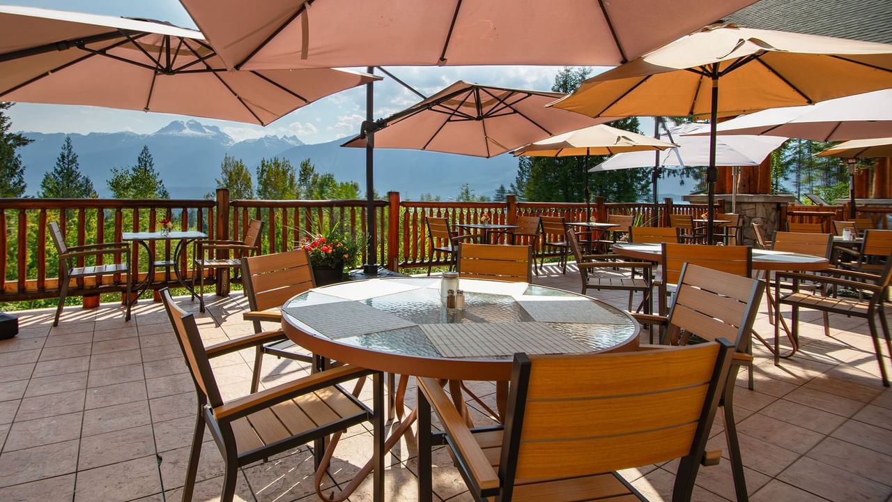 Hotel restaurant patio with a view of the mountains