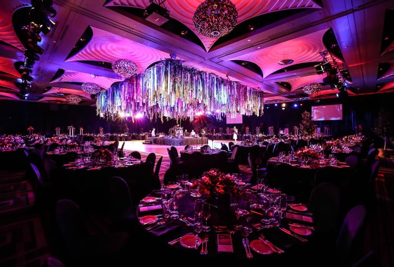 Banquet tables set up for an event at Crown Hotels Melbourne