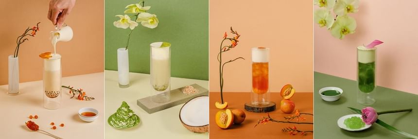 Colorful display of four unique bubble teas with floral accents in Park Lounge at Park Hyatt Saigon
