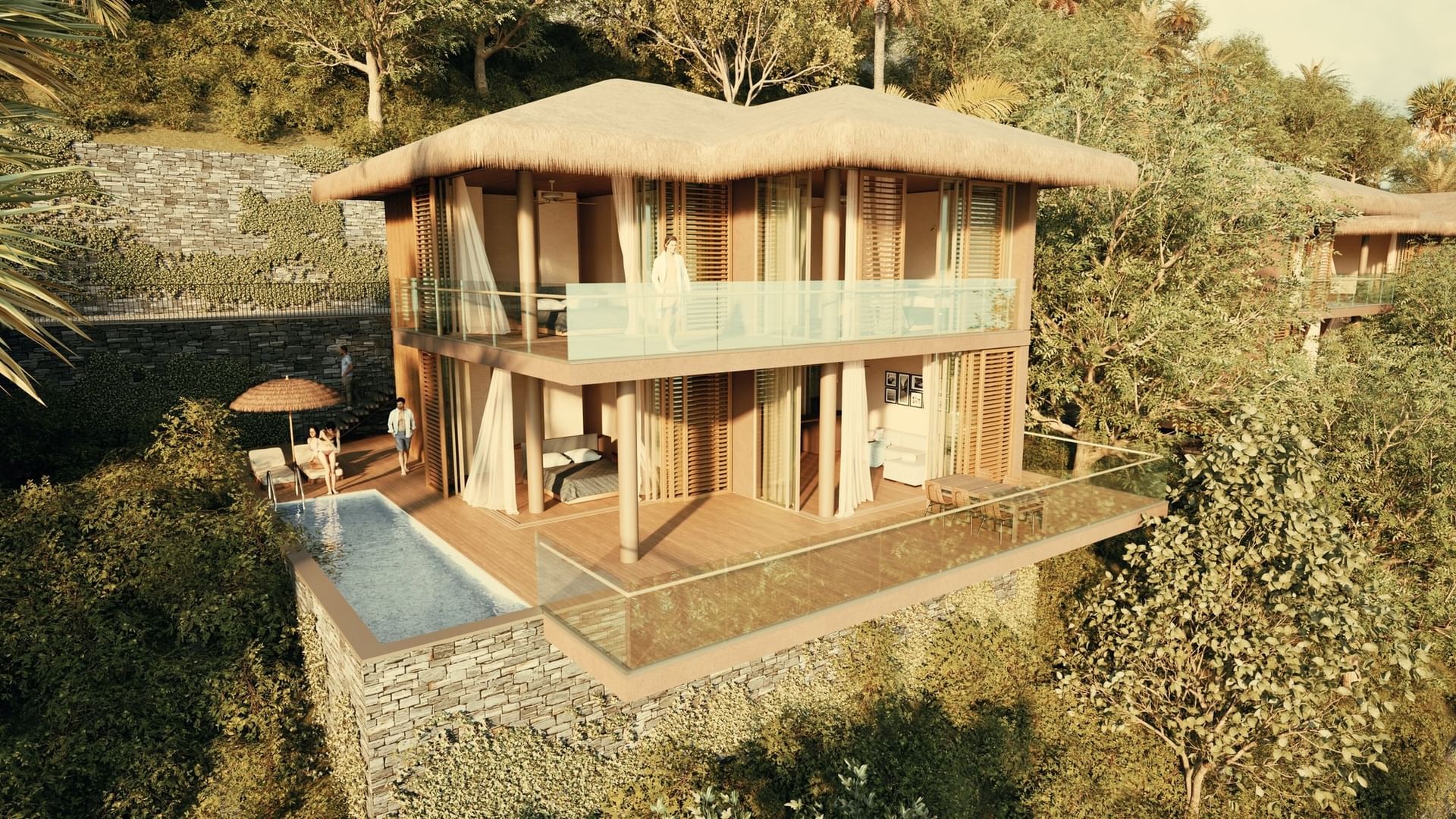 Multi-level BlueZone Villas with a thatched roof, a private pool, and a breathtaking view of the sea at A'ila Villas