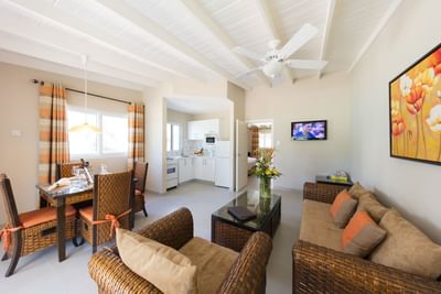 Living and dining area with a sofa, chairs and TV in Deluxe Suite at All Seasons Resort Europa