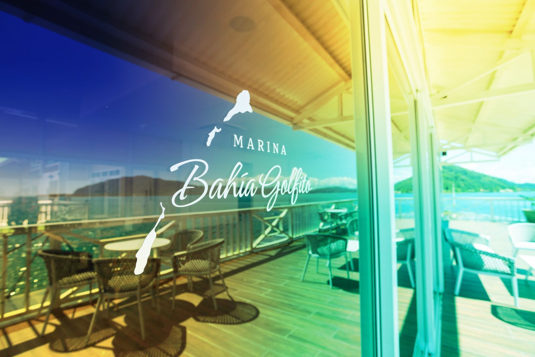 Marina Bahia Golfito signature on the window of the hotel