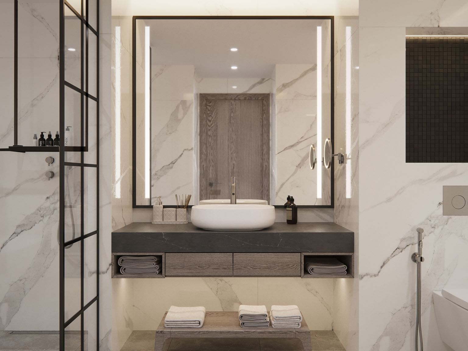 Bathroom vanity with a shower cubical at Paramount Hotel Midtown