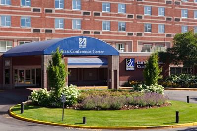 Exterior view of the entrance to UMass Lowell Inn