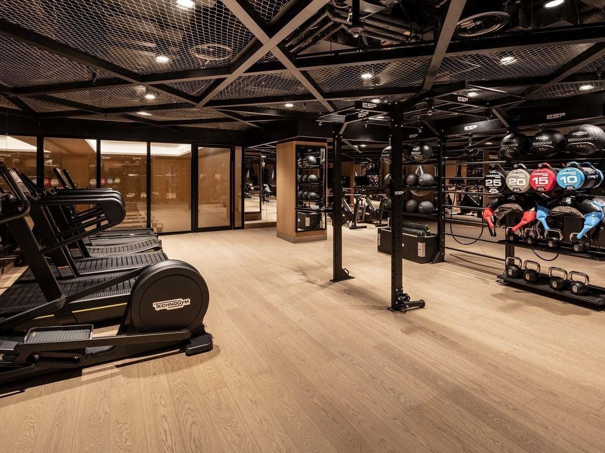 Interior of Fully equipped gymnasium at The Londoner Hotel
