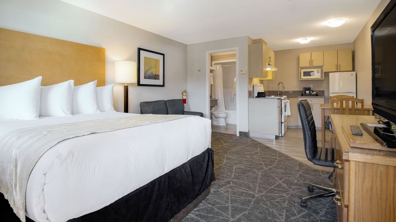 Bedroom with a kitchen area, bath and TV