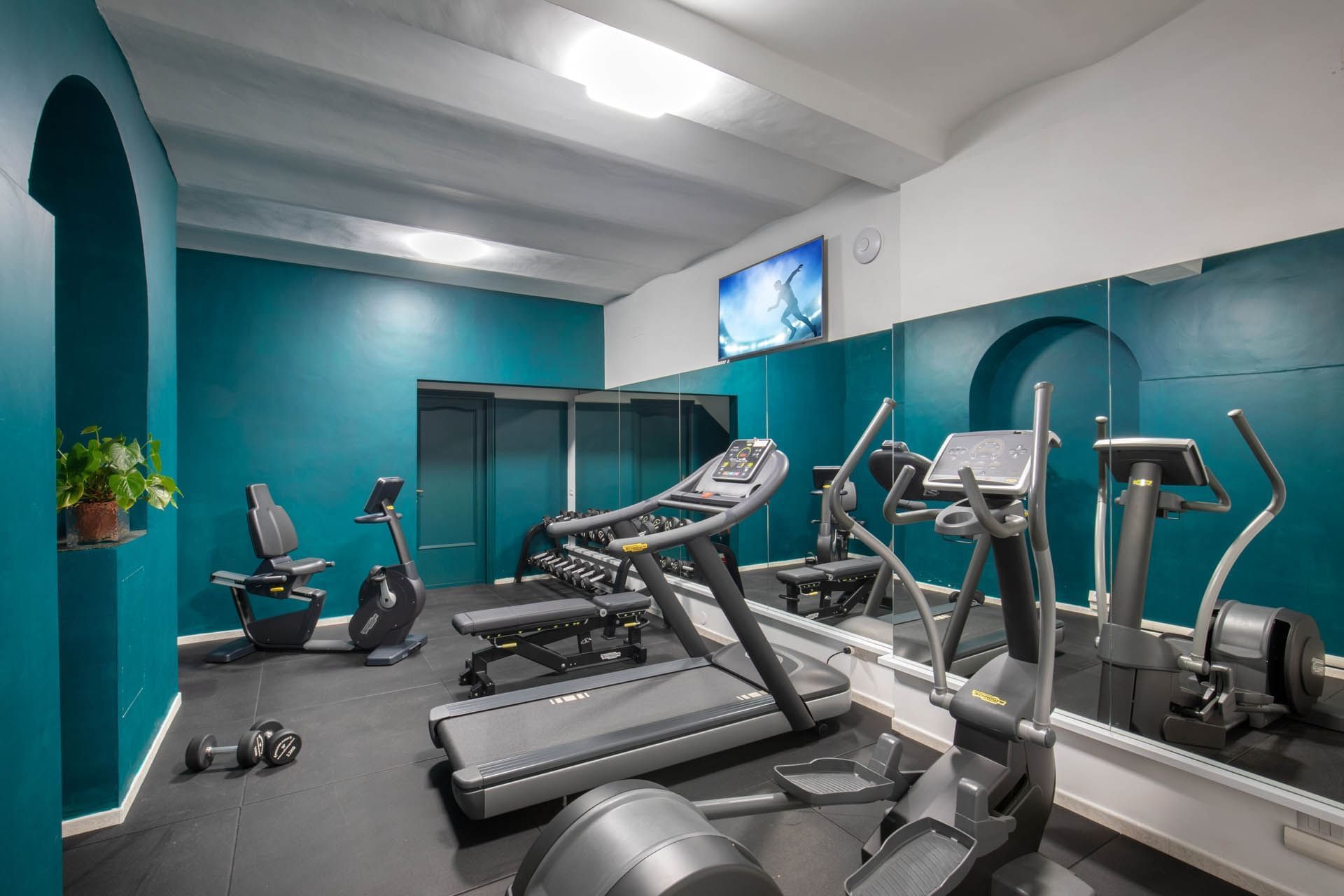 Modern gym at The Guardian Hotel with a treadmill, bike, weights, and a teal wall with mirrors