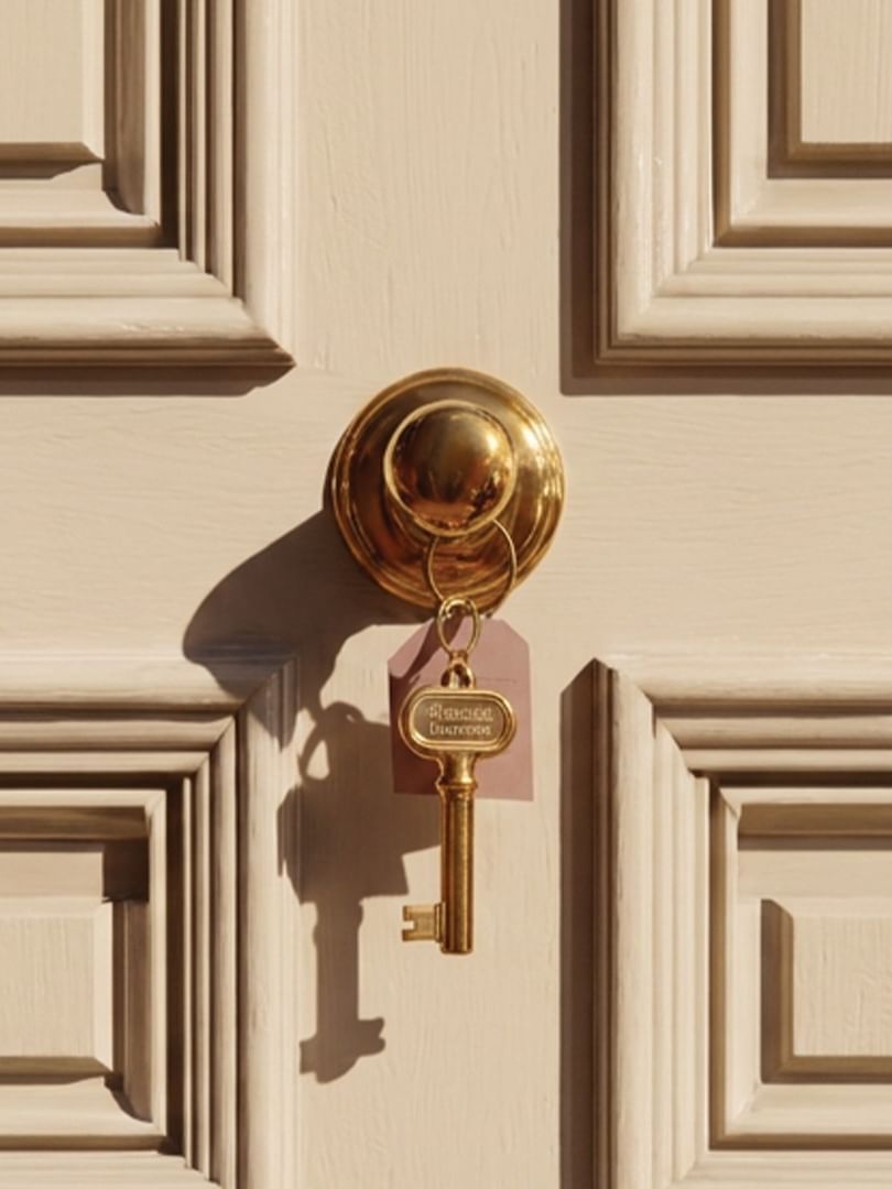 Golden key in ornate door lock with decorative paneled woodwork in warm cream and brown tones.