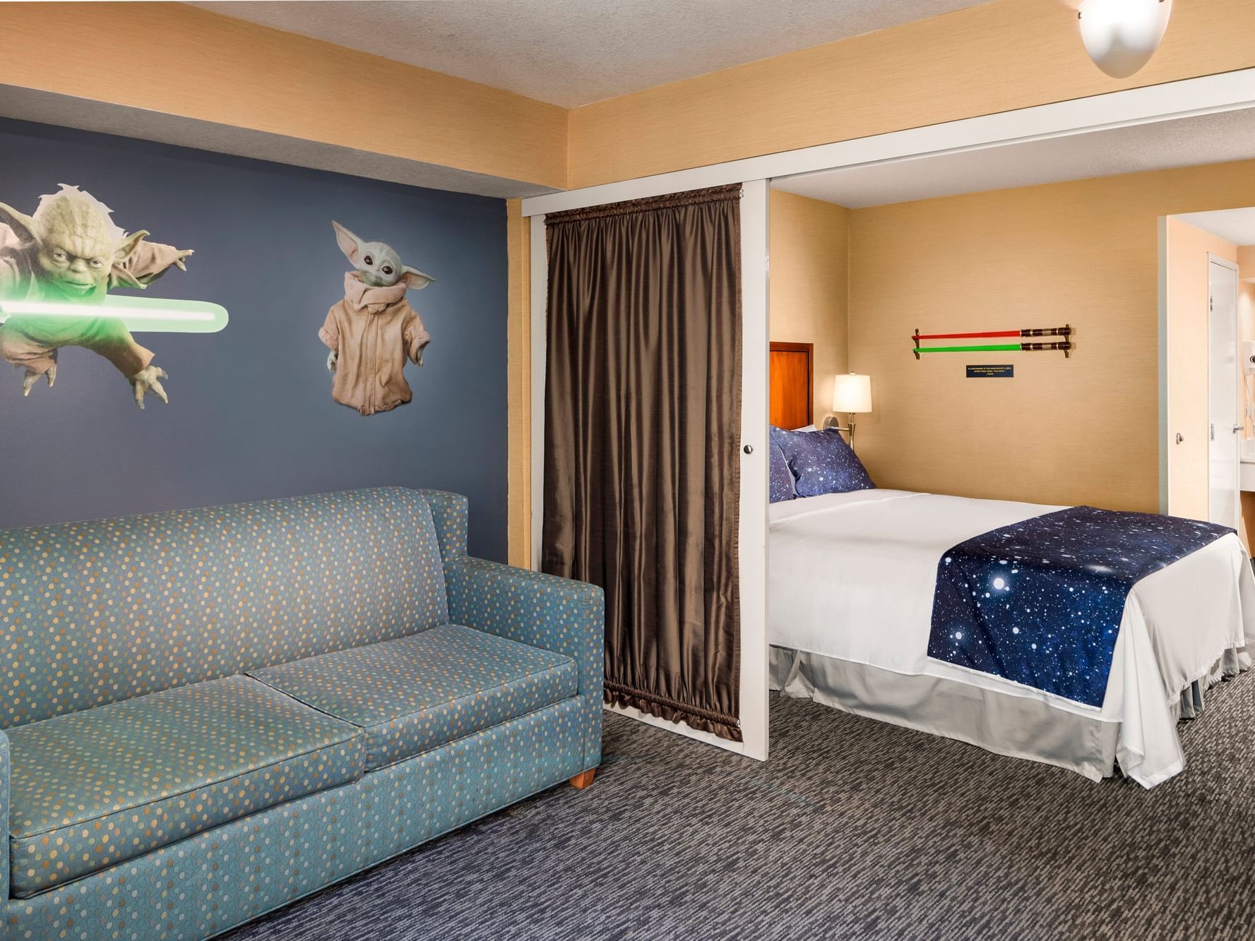 Star Wars themed room decor & lounge in Galaxy Suite at Anaheim Portofino Inn & Suites