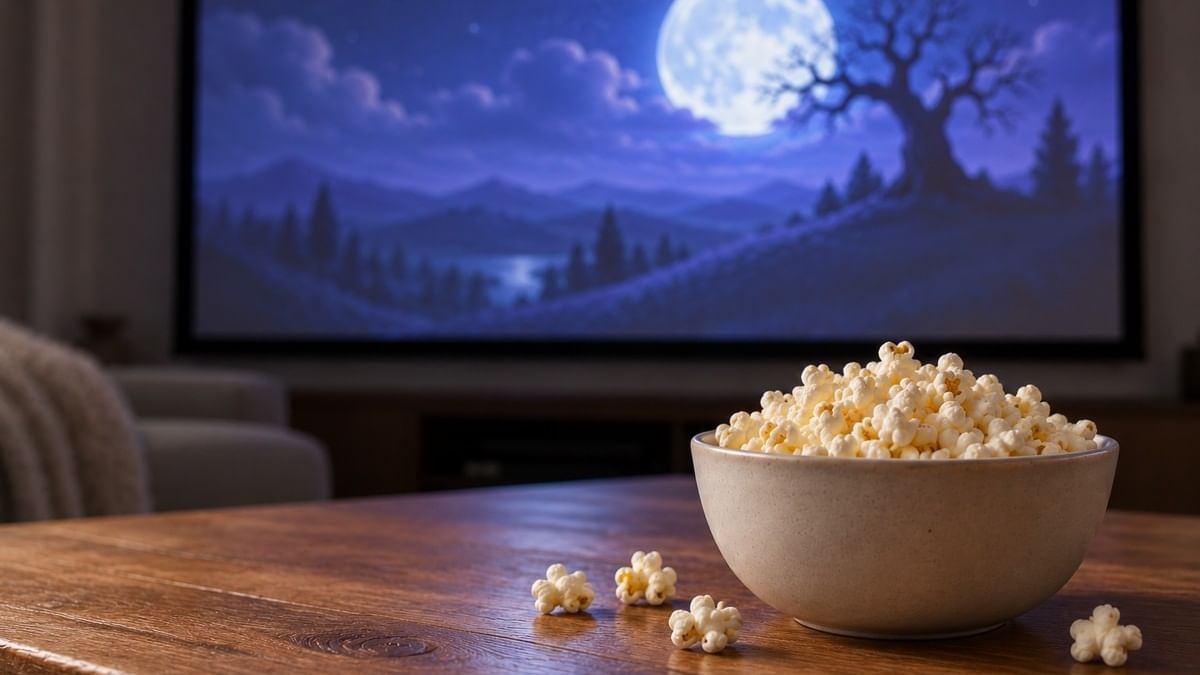 Bowl of popcorn on wooden table with spooky moonlit scene on screen for Spooky Movie Night