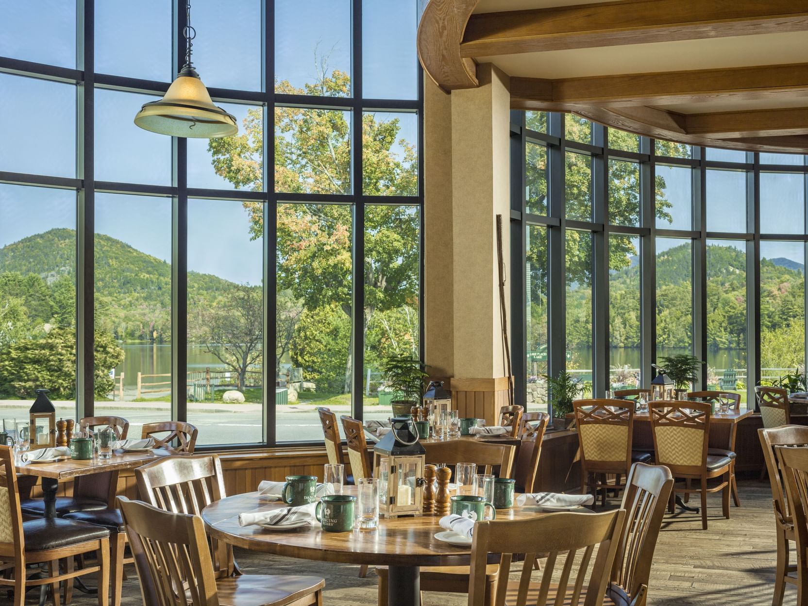 Tables set up at Dancing Bears Restaurant at High Peaks Resort