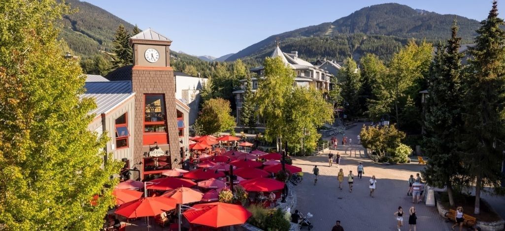 Whistler Village with outdoor patios and mountain views