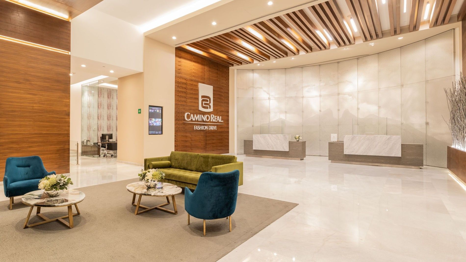 Elegant hotel lobby at Camino Real Fashion Drive with modern velvet seating at Camino Real Fashion Drive, Monterrey