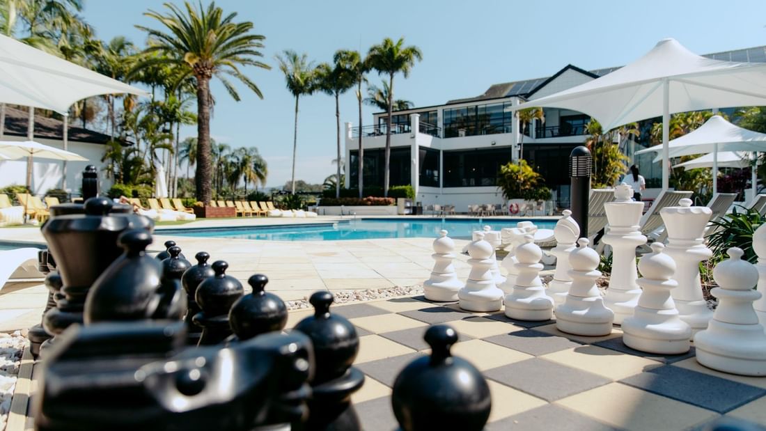 Giant chess board setup by the pool at Mercure Gold Coast Resort in Carrara.