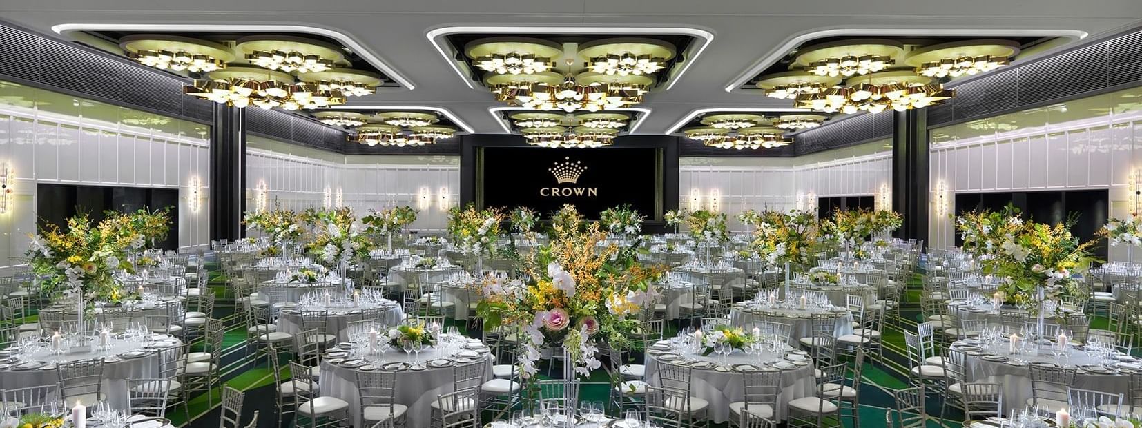 Banquet table setup in Crown Ballroom at Crown Hotel Perth