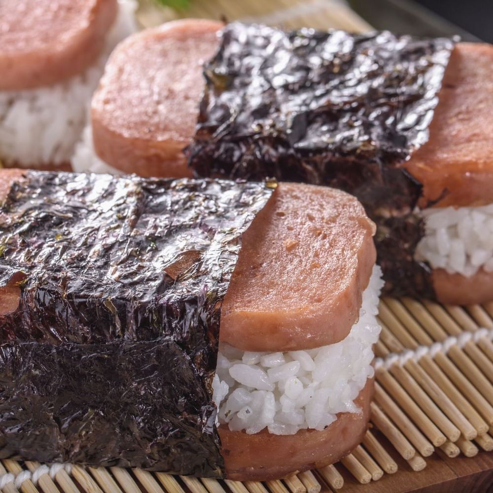 Close-up of spam musubi dish served at Waikiki Resort Hotel by Sono