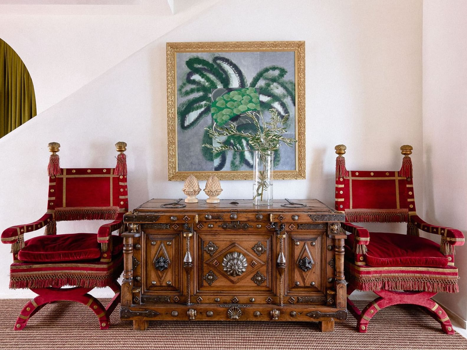 Vintage cabinet & two chairs in lobby at Esme Miami Beach