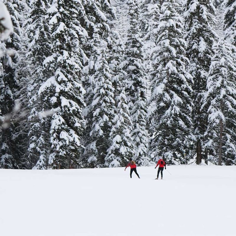 Two people skiing on a snowy road near Falkensteiner Hotels