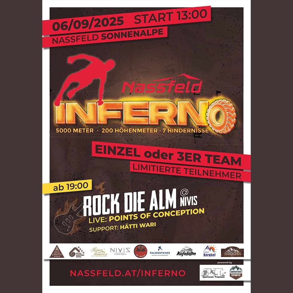 Poster for Nassfeld Inferno event on 06/09/2025, featuring a red runner and various sponsors' logos.