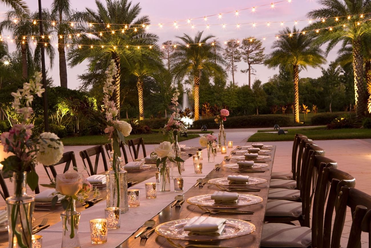 Arranged tables for an outdoor function at The Grove Resort and Water Park