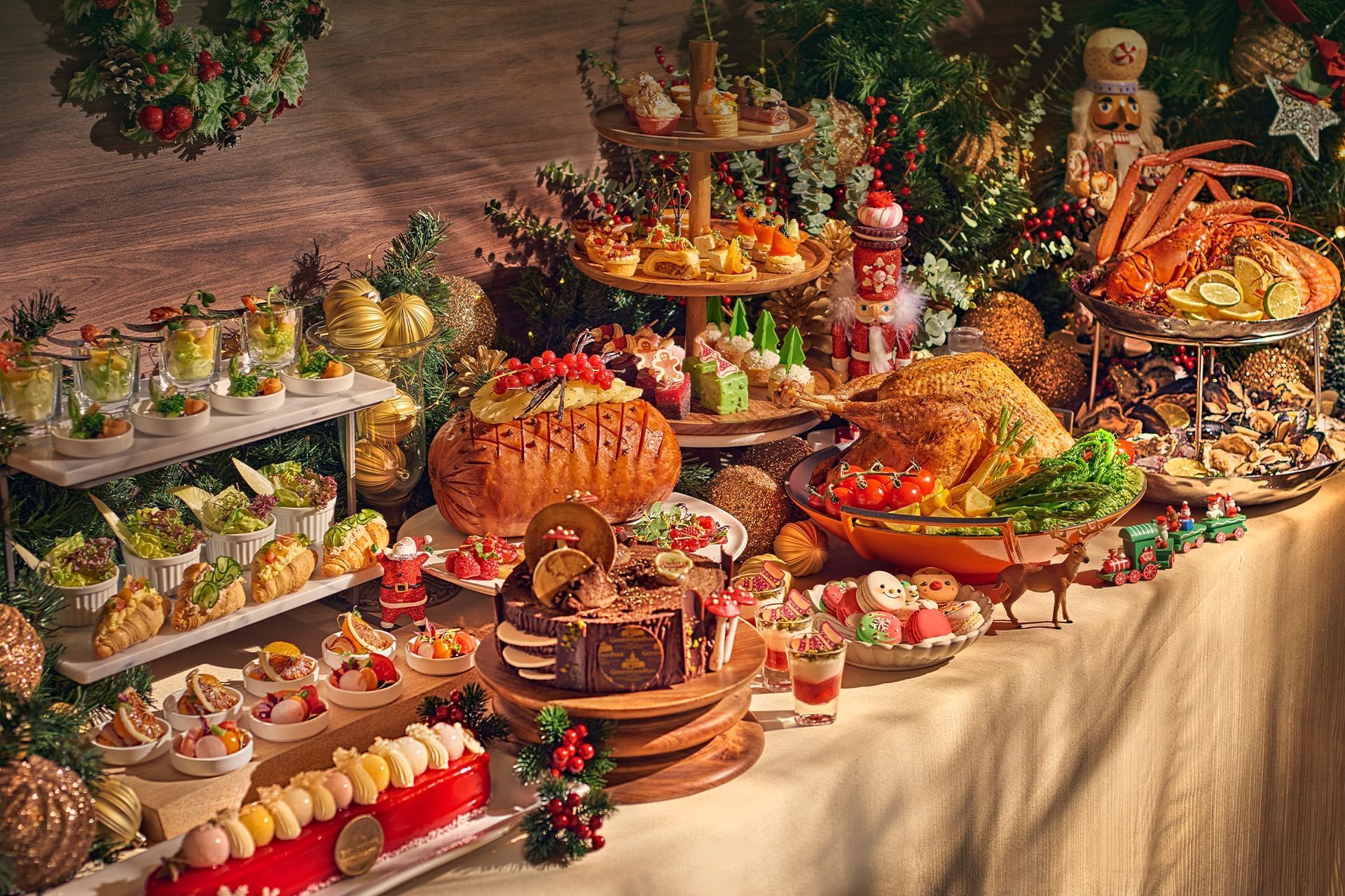 Lavish festive feast with a roasted turkey, desserts, and Christmas decorations at Goodwood Park Hotel