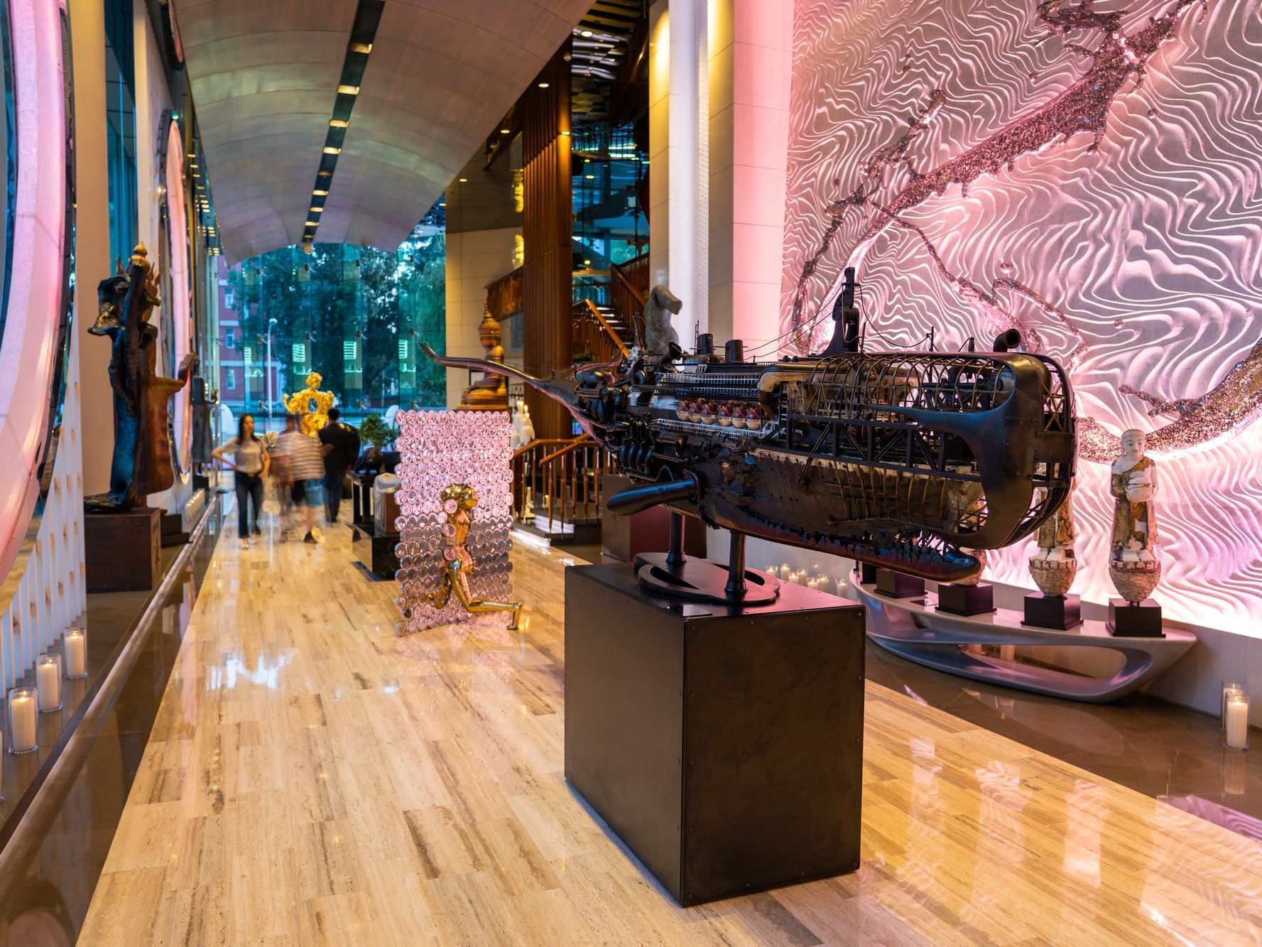 Close-up of replica of ship in the lobby of Hotel Éclat Beijing