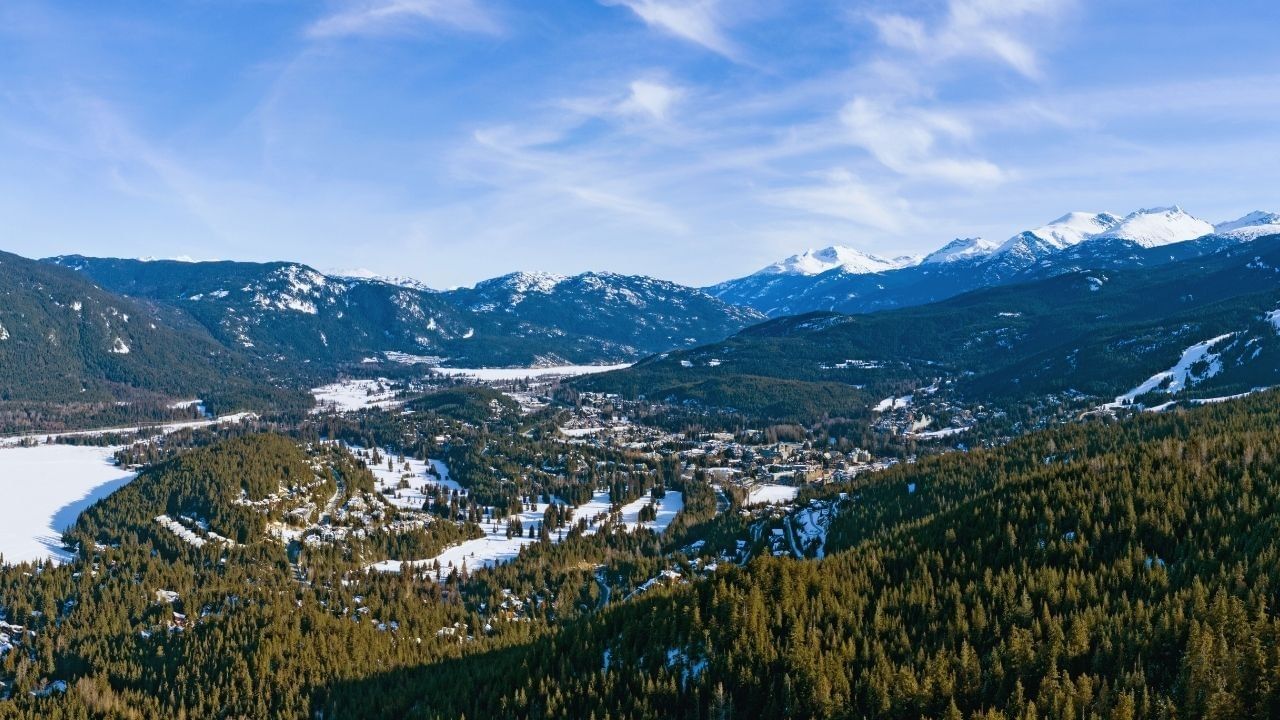 Aerial view of a mountainous valley with a small town, snow-covered peaks, and dense forests.