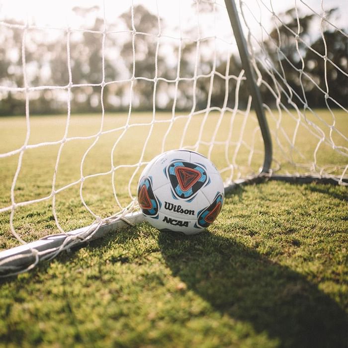 Soccer ball rests against the net of a goal on a sunny field at Falkensteiner Family Resort Lido