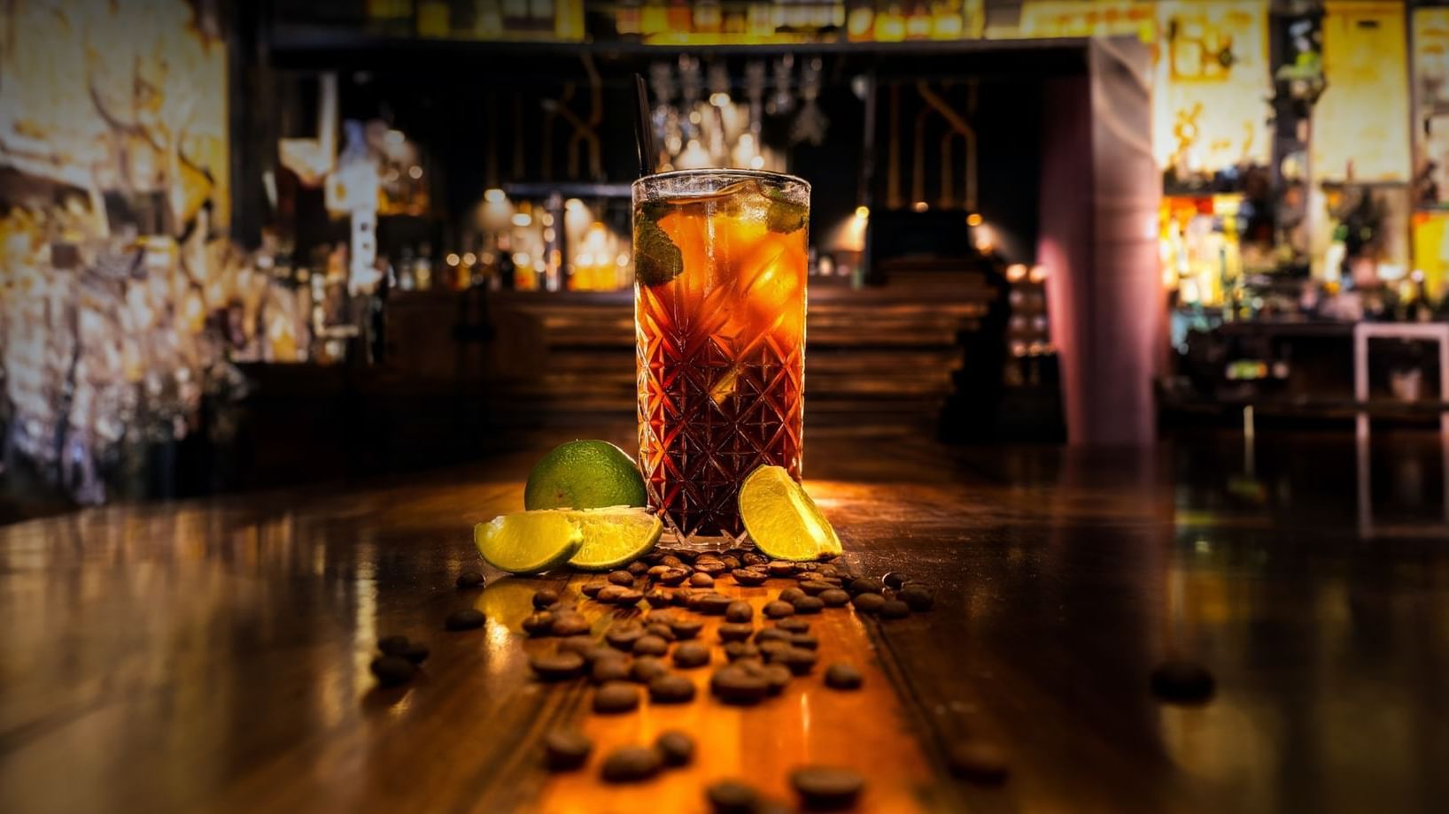 Close-up of cocktail served with lemon slices in Melrose Bar & Lounge at Paramount Hotel Midtown