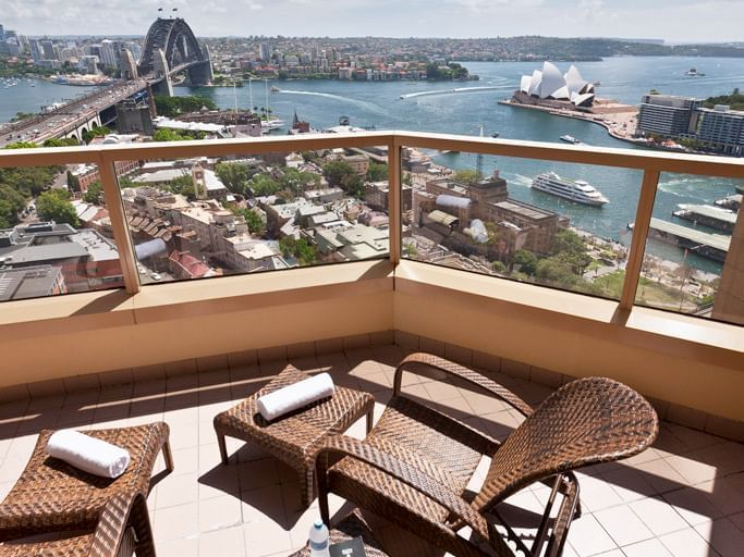 Balcony facing the Sydney city at The Sebel Quay West Suites Sydney
