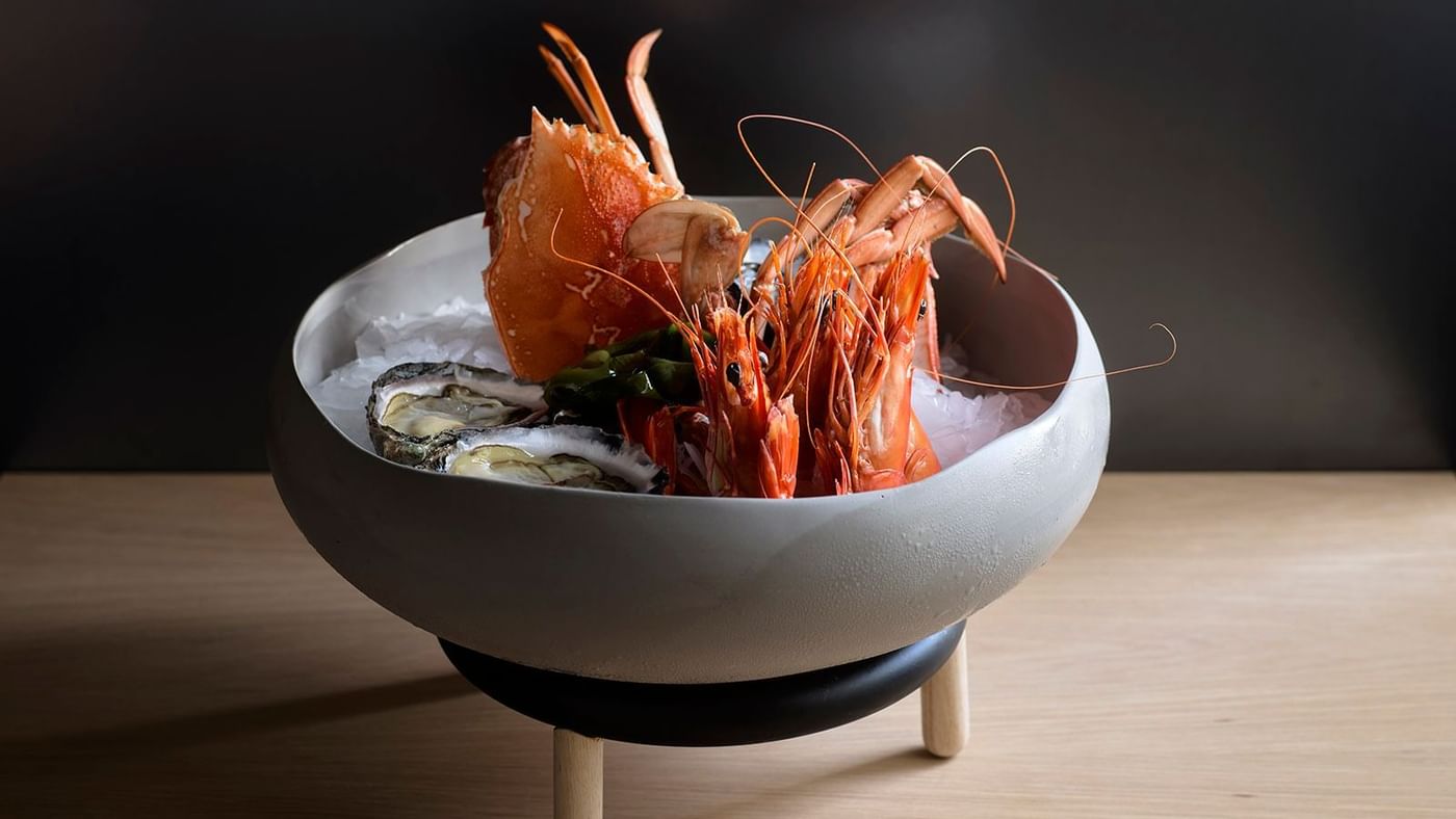 Closeup of a Seafood dish in Woodcut at Crown Hotels