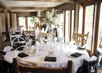 The banquet table in a Ballroom at Stein Eriksen Lodge