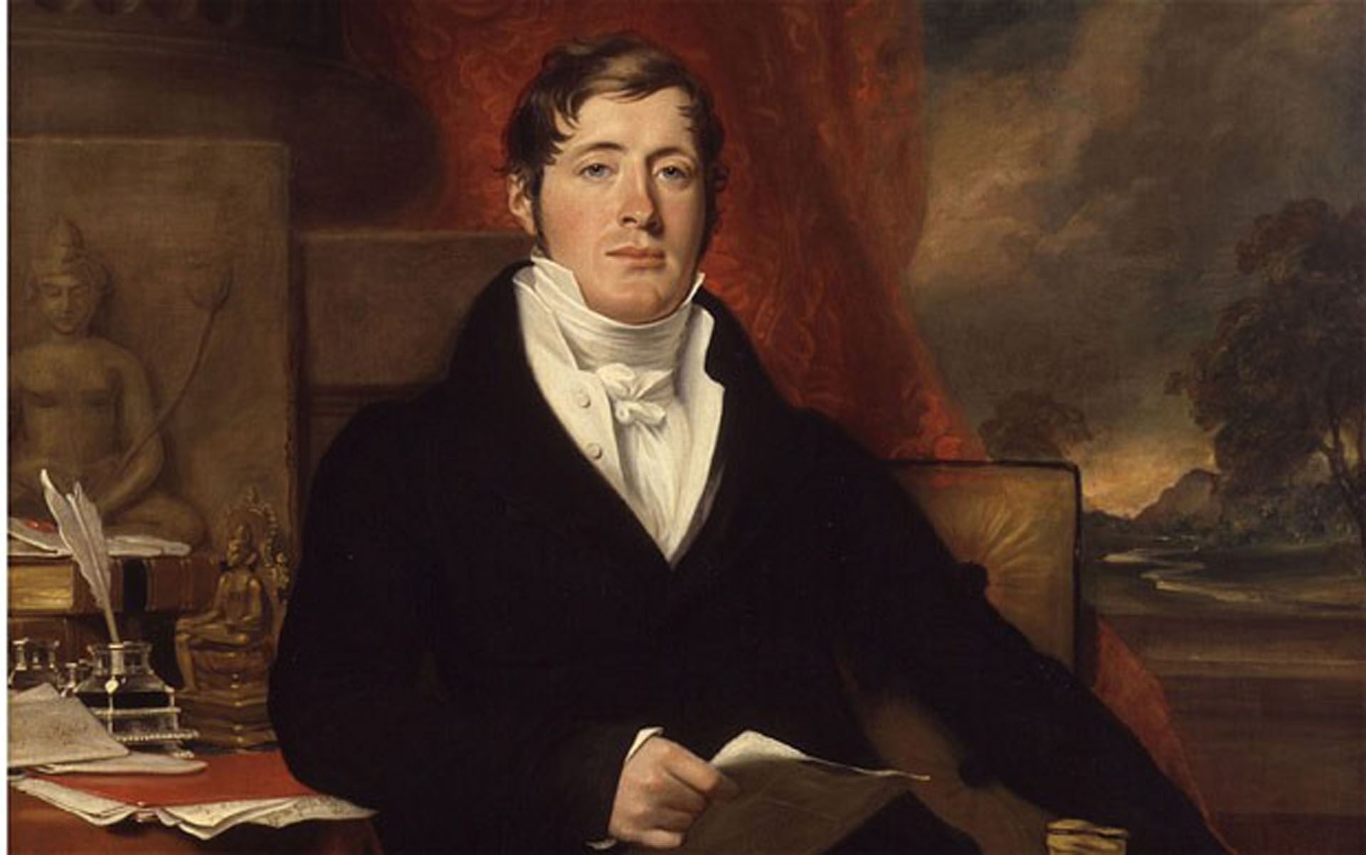 Classic painting of Stamford Raffles in a black suit with a white cravat, holding a document at Fullerton Heritage Singapore